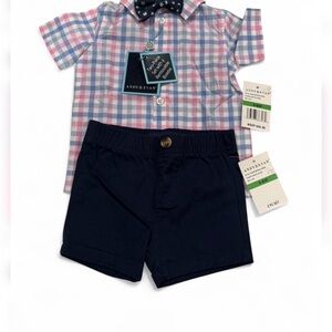 Andy & Evan Pink and Light Blue Plaid Shirt with Navy Shorts Set